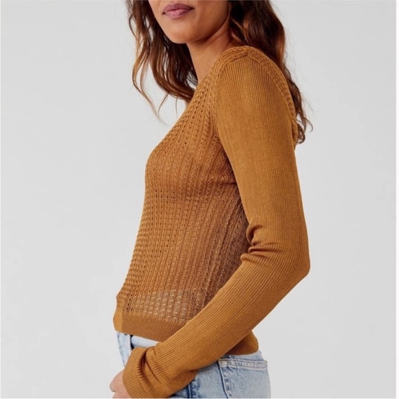 Free People H2O Crew Pullover Open Stitch Knit Top Gold XS OB1505557 - Picture 3 of 3
